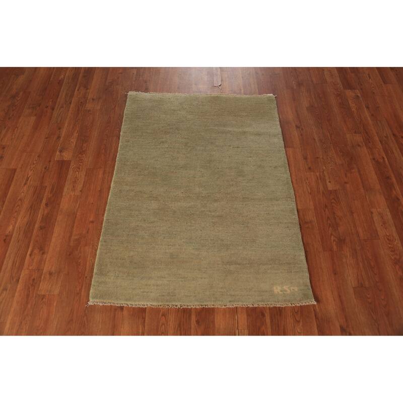 Modern Green Gabbeh Oriental Rug Hand-Knotted Solid Wool Carpet - 2'9" x 3'10"