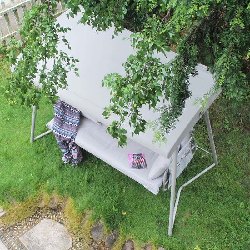 Metal Frame Swing Chair Convert Swing Bed with Adjustable Canopy Outdoor Patio Hanging Chair Hammock Chairs, 3-Seater