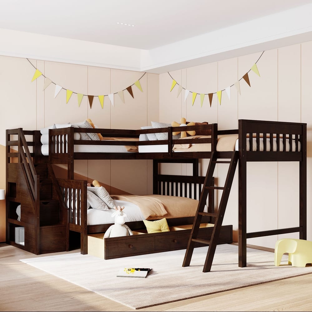 Twin over Full L-Shaped Bunk Bed With 3 Drawers, Ladder and Staircase