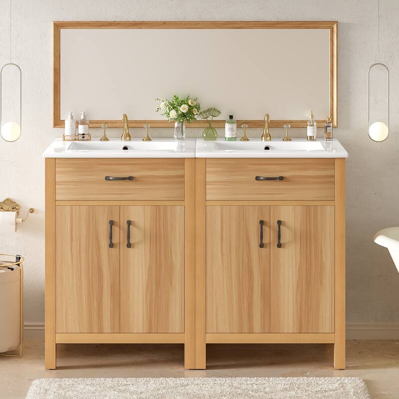 GDFStudio - Barro Transitional Freestanding Bathroom Vanity Cabinet with Ceramic Sink, Dual-Layer Rack & Soft Close Storages - 48"W-Set of 2 - Wood Melamine Finish