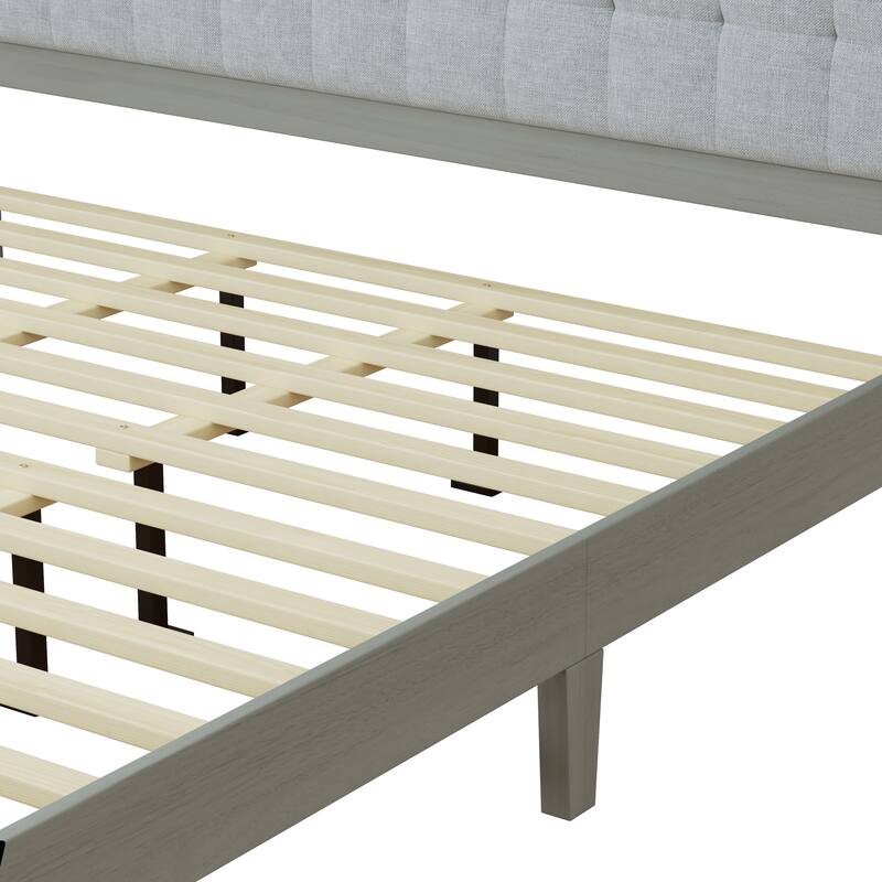 Solid Wood Platform King Bed with Upholstered Headboard, Mid-Century Modern Design