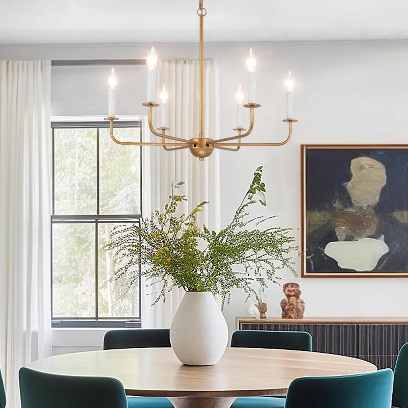 Mid-Century Modern 6-Light Candle Chandelier Brushed Brass Wheel Dinging Room Light - Brushed Brass - D25" x H21"