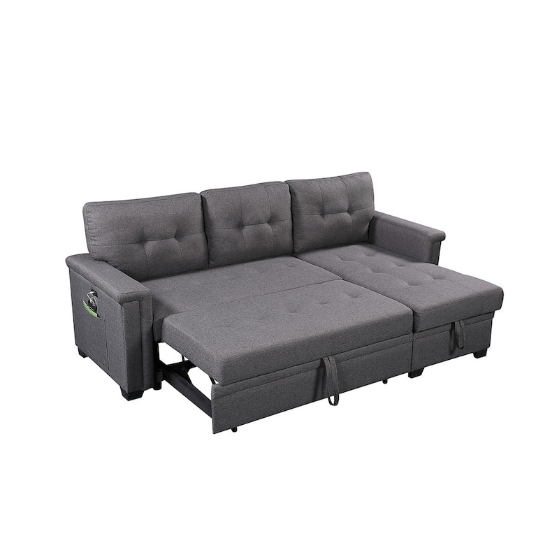 Reversible Sleeper Sectional Sofa with Storage Chaise, USB Charging Ports and Pocket - Dark Grey