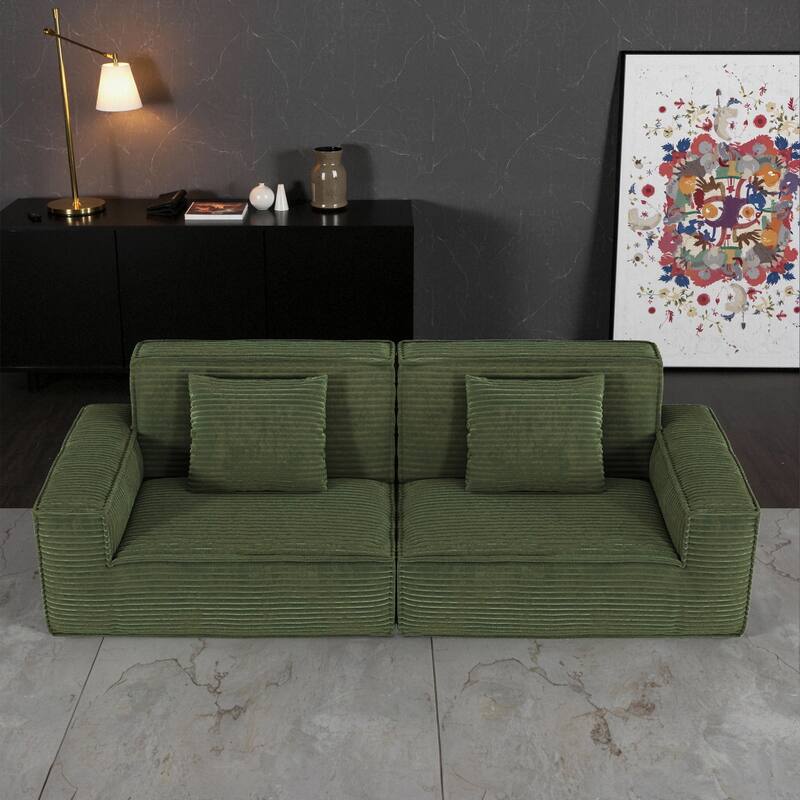 Anmytek Extra Large Modern Striped Fabric Green Sofa - Full Sponge High Rebound Vacuum Compressed