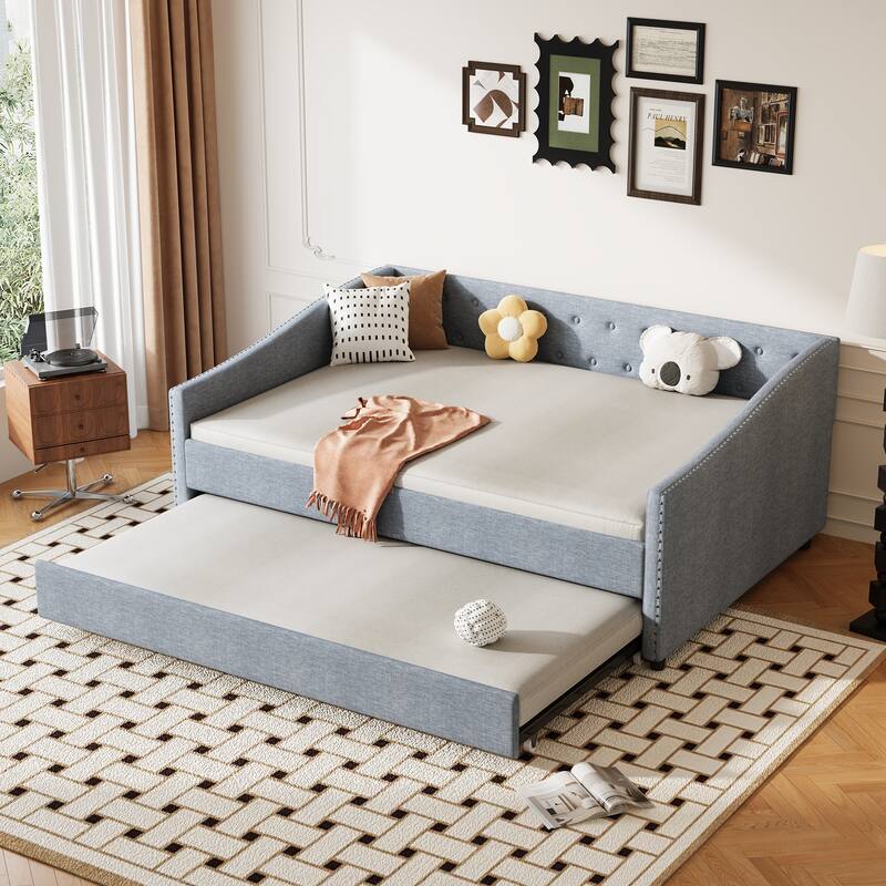 Full Size Daybed with Twin Size Trundle Upholstered Tufted Sofa Bed, with Button on Back and Copper Nail on Waved Shape Arms - Light Grey