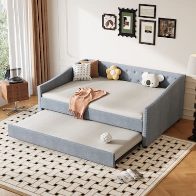 Full Size Upholstered Daybed with Twin Trundle, Tufted Sofa Design with Button-Tufted Back and Waved Arms