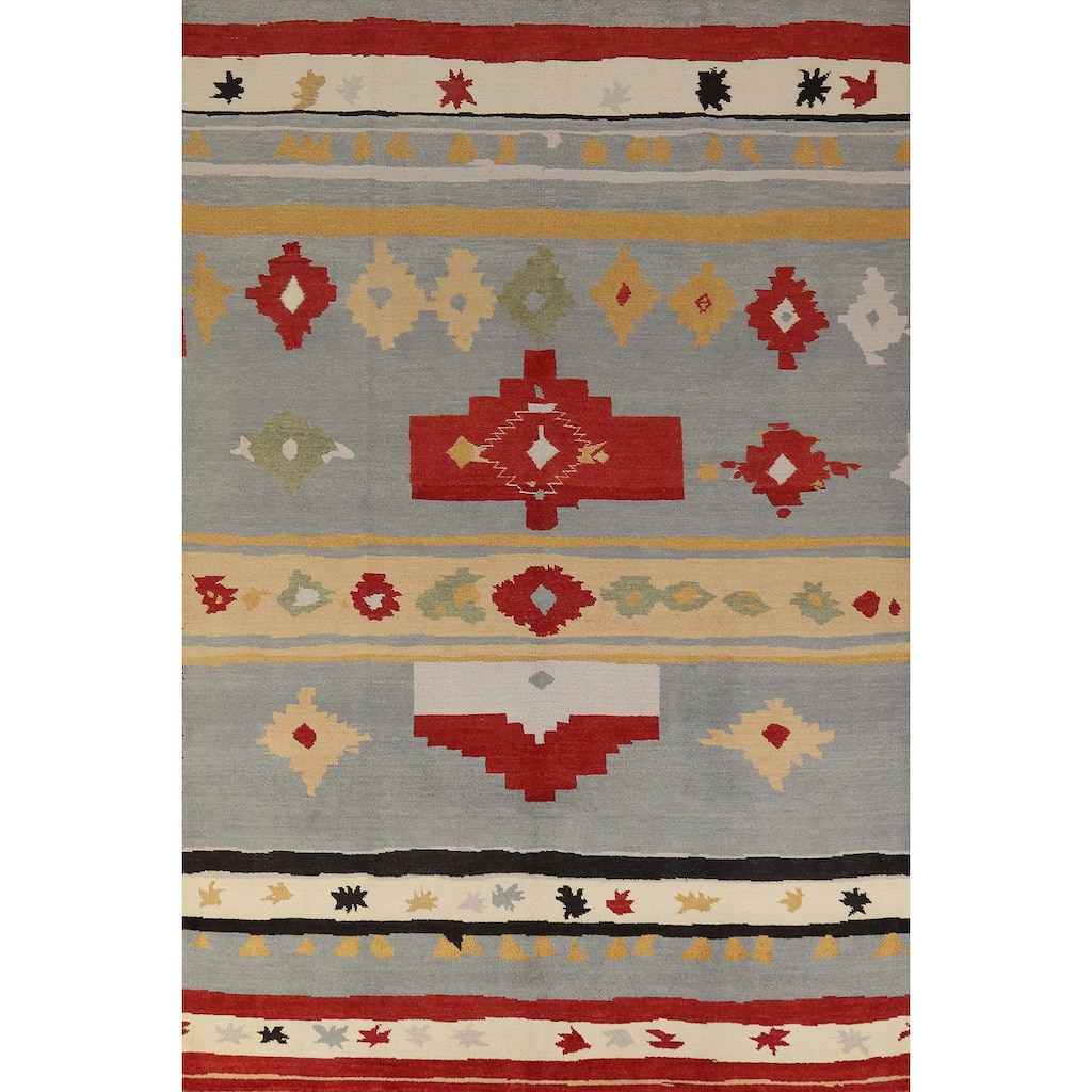 Hand Knotted Oriental 100% Wool Carpet Modern Geometric Greys & Charcoal Gabbeh Area Rug - 9' 2'' X 6' 0''