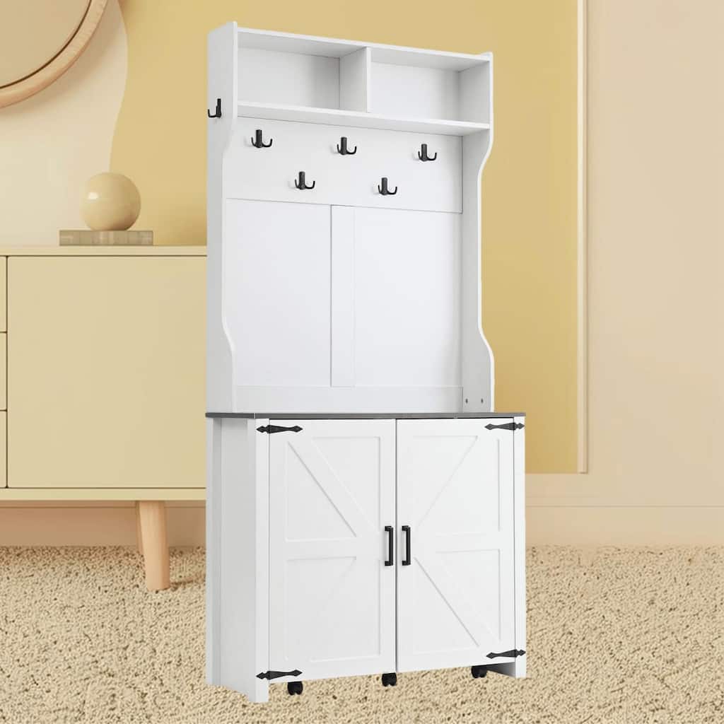 Farmhouse Hall Tree with Shoe Storage Cabinet, Coat Rack, and Movable Bench with 6 Wheels for Hallway Entryway Organizer