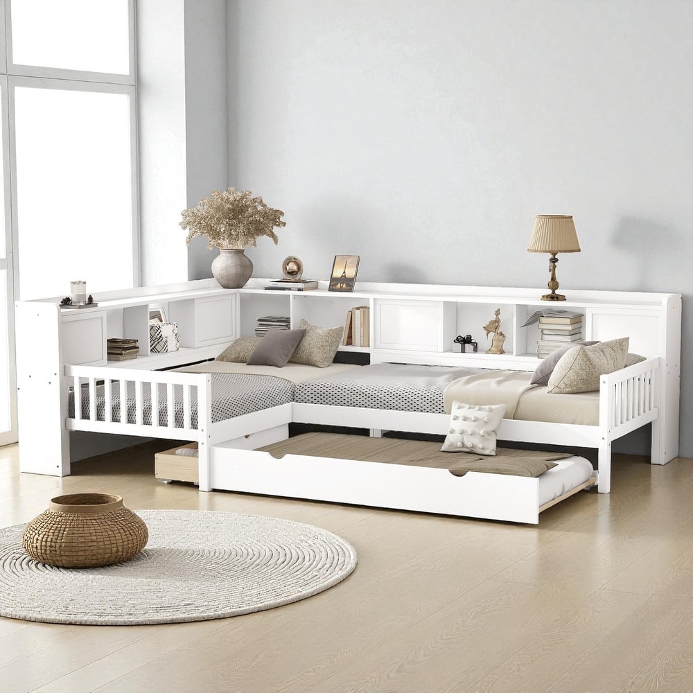 L-Shaped Twin Platform Bed with Trundle, Solid Wood Corner Bed Frame with Drawers and Shelves, No Box Spring Needed