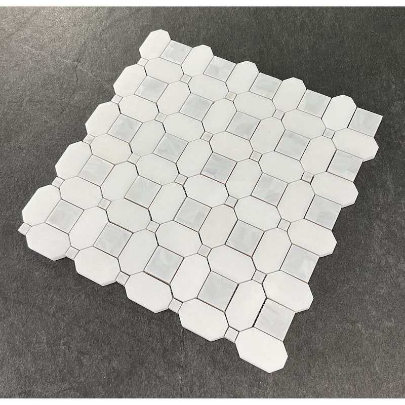 Thassos White Marble Octagon Mosaic Tile With Mother Of Pearl Inlay - Case (10 Sheets)