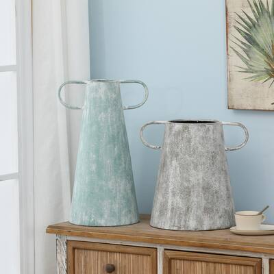 Farmhouse Blue and Grey Metal Vases (Set of 2)