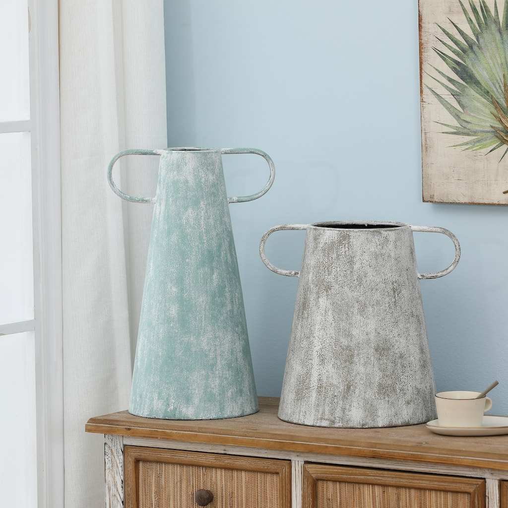 Farmhouse Blue and Grey Metal Vases (Set of 2)