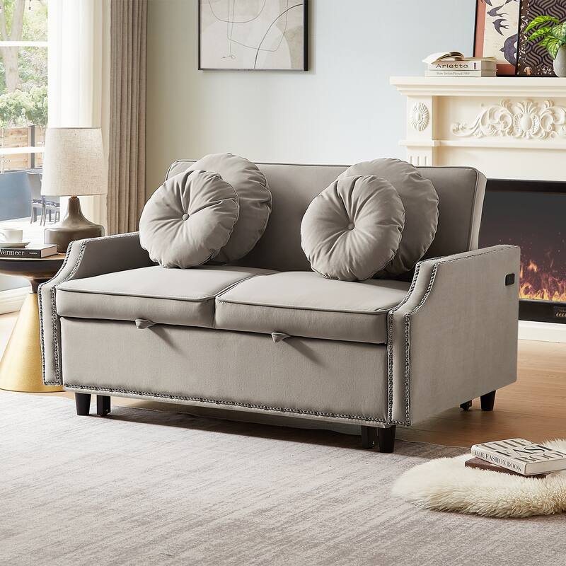 Loveseat Sofa Bed with Adjustable Button Tufted Backrest, 2 USB Ports and 4 Pillows