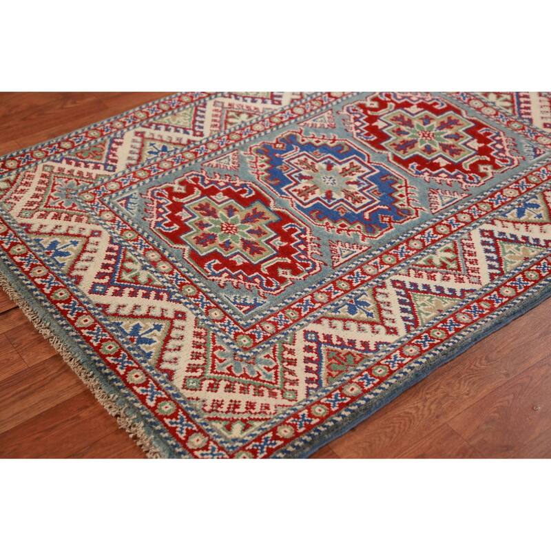 Geometric Blue Kazak Rug Hand-Knotted Accent Wool Carpet - 2'10"x 3'11"