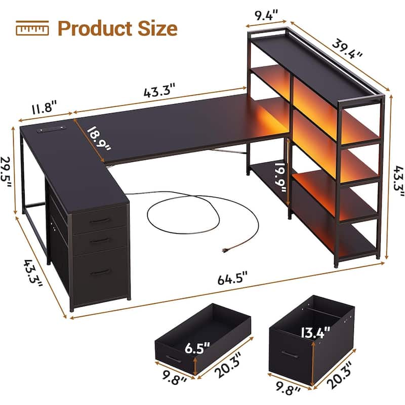 L Shaped Desk Gaming Desk 3 Fabric Drawers 5 Storage Shelves