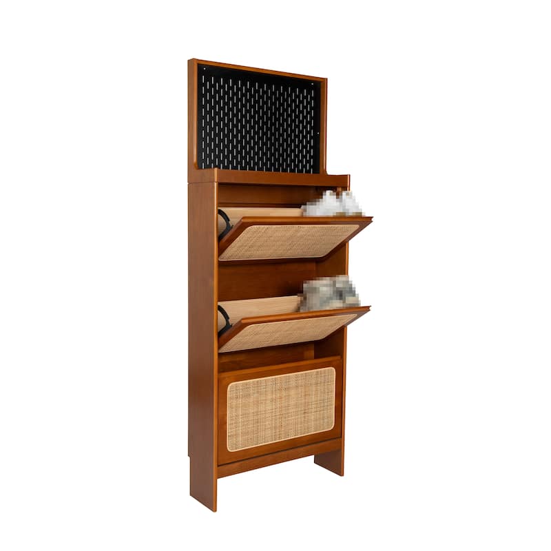 Roomfitters Rattan Shoe Cabinet with 3 Flip Drawers, Entryway Shoe Storage & Pegboard Organizer, Walnut