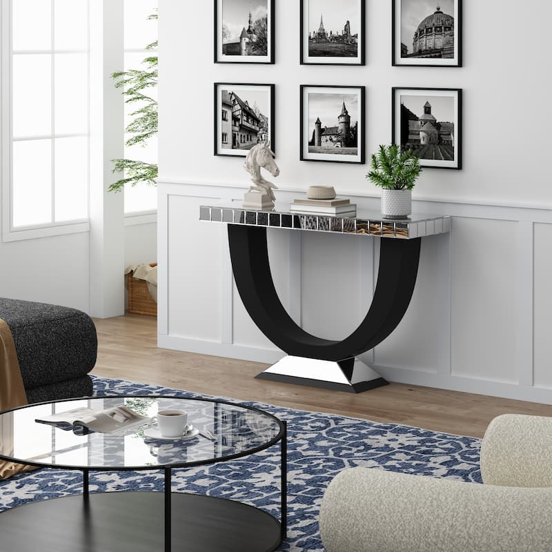 Modern Mirror Console Table with U-Shaped Black Wood Base