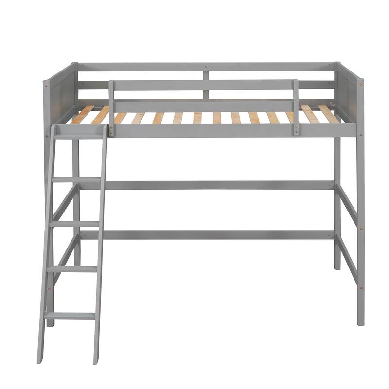 Gray Twin Size Solid Wood Loft Bed with Ladder, Sturdy Pine Frame & 14 Slats