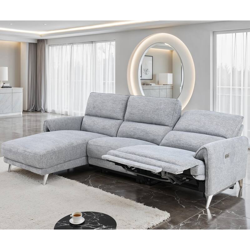 Furniture of America Pirel Modern Chenille L-Shaped Sectional Recliner with Chaise and USB Ports - Grey - Left Facing