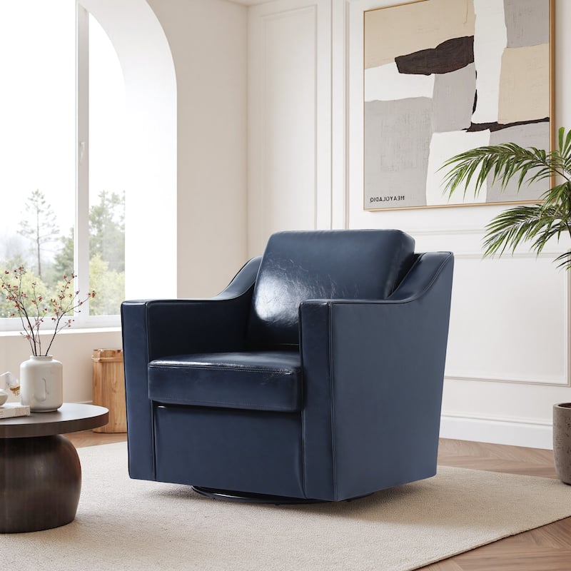 UIXE Chenille/Leather Swivel Barrel Chair Accent Chairs For Living Room - Leather - Navy Blue