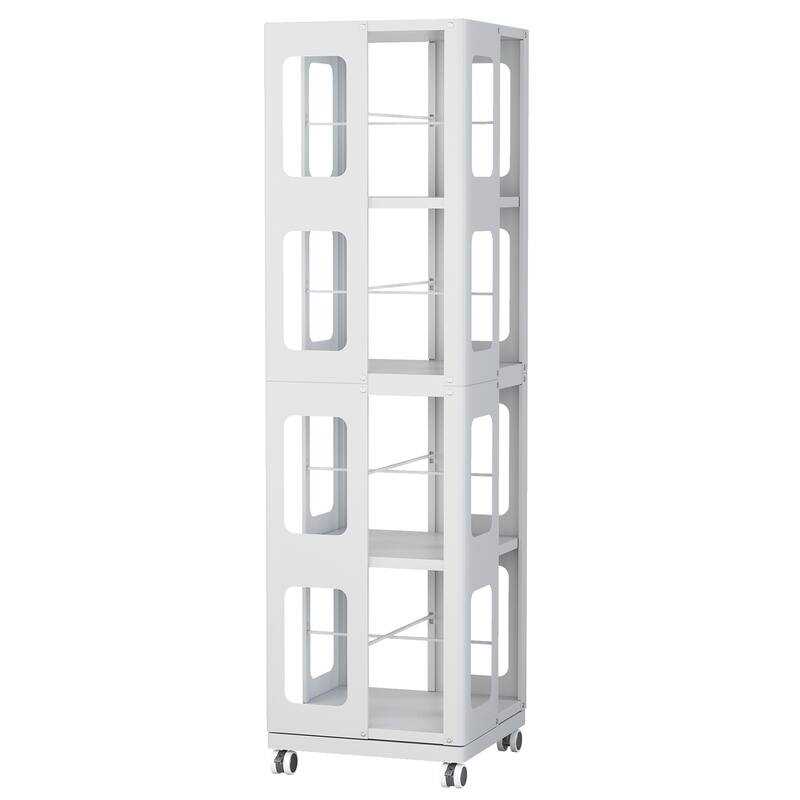 4-Tier All-Steel Rotating Bookshelf with 360° Wheels, Large Size Sturdy & Spacious Book Rack, New Style White Bookshelf
