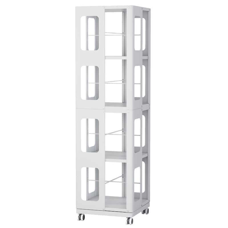 Modern 4-Tier Rotating Bookcase – 360° Swivel Wheels For Easy Mobility, Extra-Large All-Steel Construction . - White
