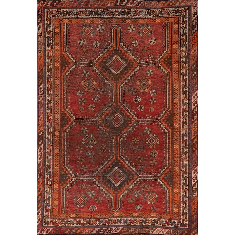 Pre-1900 Antique Qashqai Persian Rug Vegetable Dye Wool Carpet - 5'1"x 7'7"