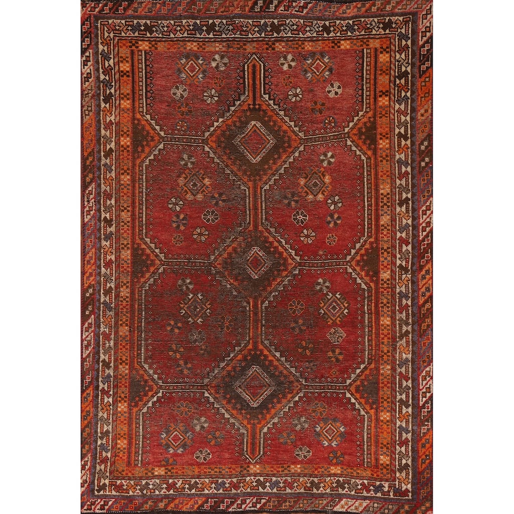 Pre-1900 Antique Qashqai Persian Rug Vegetable Dye Wool Carpet - 5'1"x 7'7"