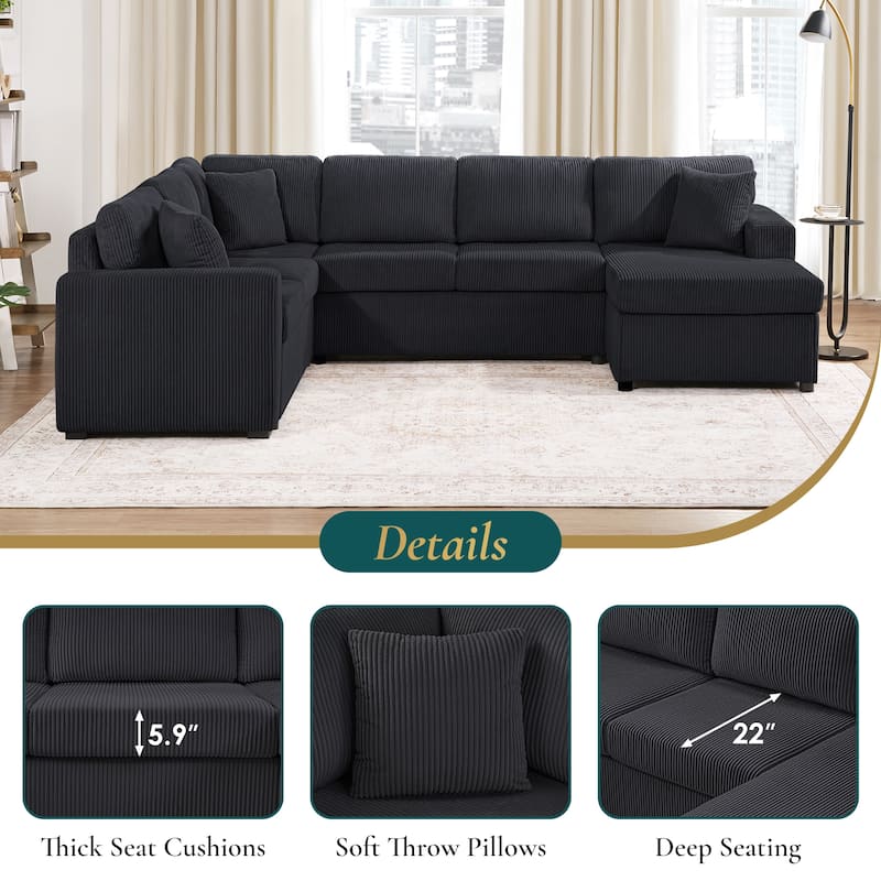 Roomfitters Oversized U-Shaped Sectional Sofa with Chaise Lounge and 3 Throw Pillows for Living Room