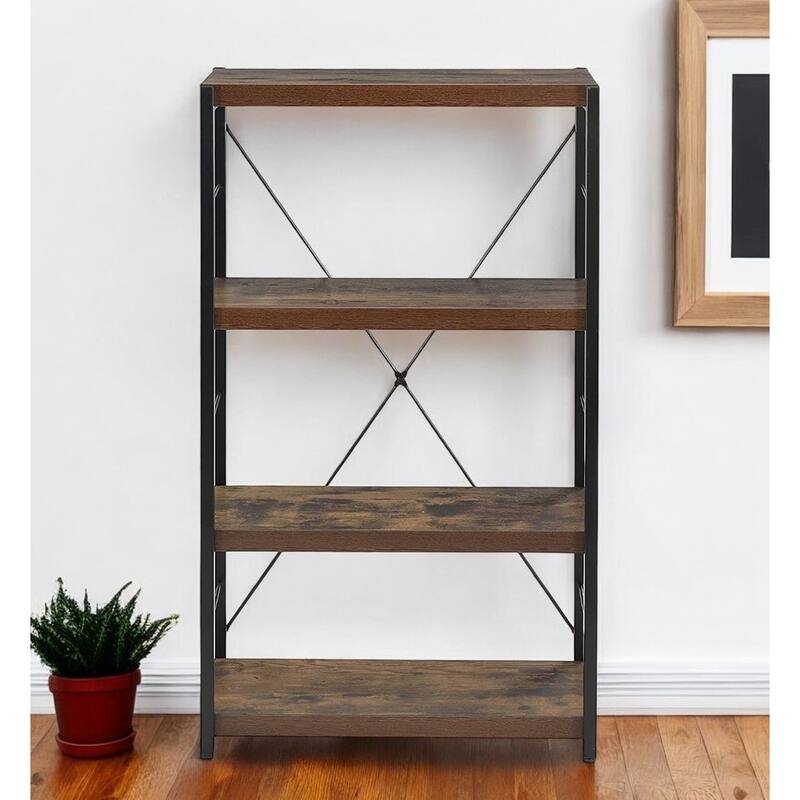 HomeRoots 43" Black And Brown Distressed Metal and Wood Three Tier Etagere Bookcase - 23.62 - 23.62