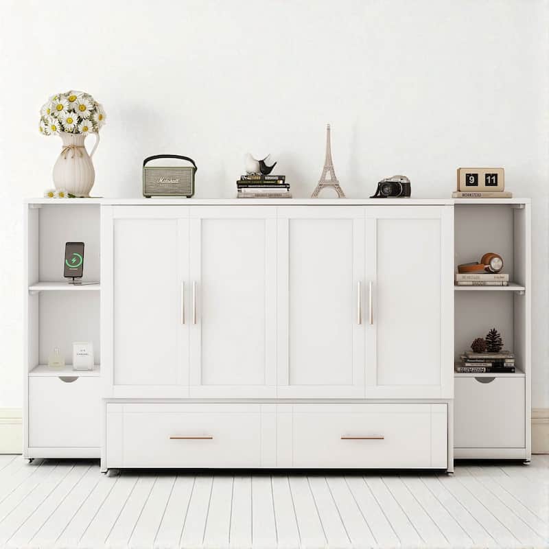 Full/Queen Size Murphy Wall Bed with Storage Shelves, Drawers and USB Charging Ports, Foldable Design - White - Full