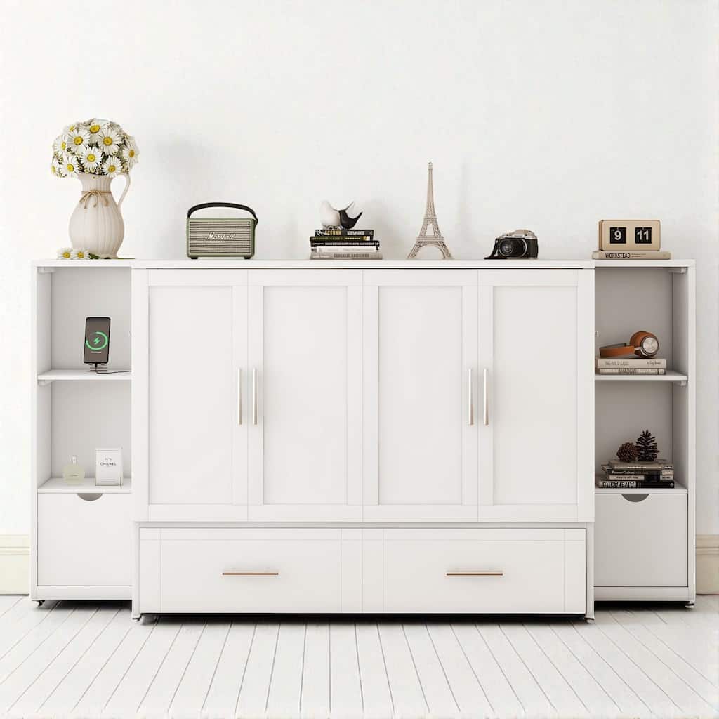 Full/Queen Size Murphy Wall Bed with Storage Shelves, Drawers and USB Charging Ports, Foldable Design