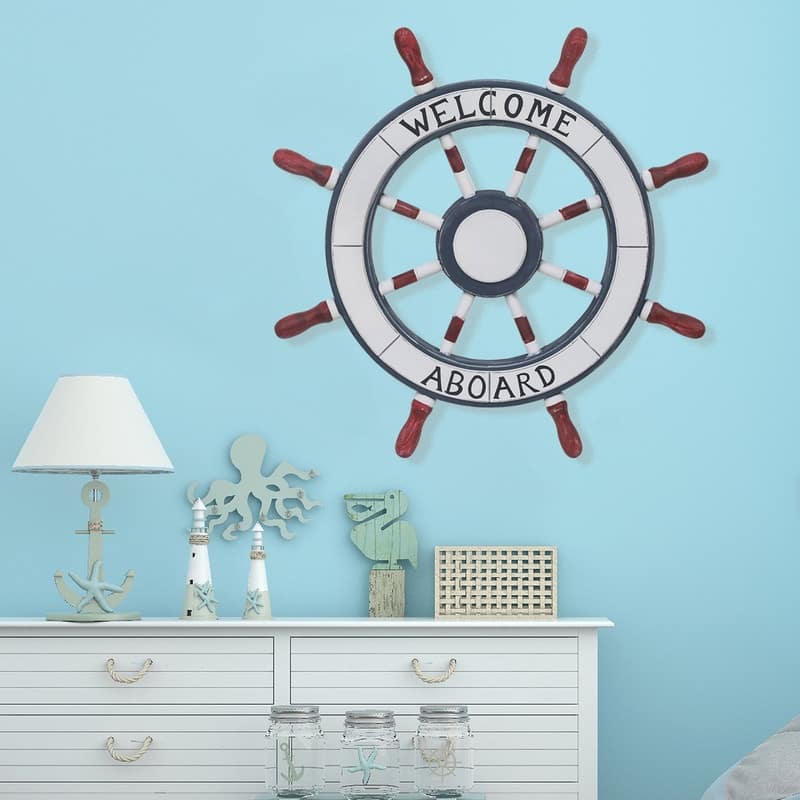 ADECO Wooden Boat Anchor Crossbar Ship Steering Wheel Wall Decor Beach