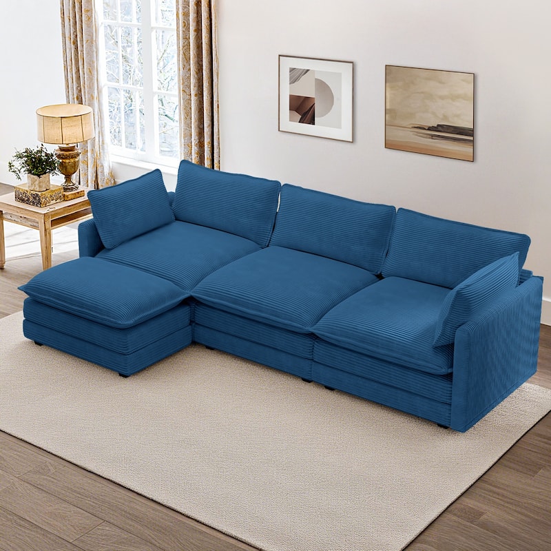 Oversized Modular Corduroy Sectional Sofa Set with Ottoman, 3-Seater / 4-Seater Deep Seat Lounge Couch for Living Room - Navy Blue-3 Seat - Reversible