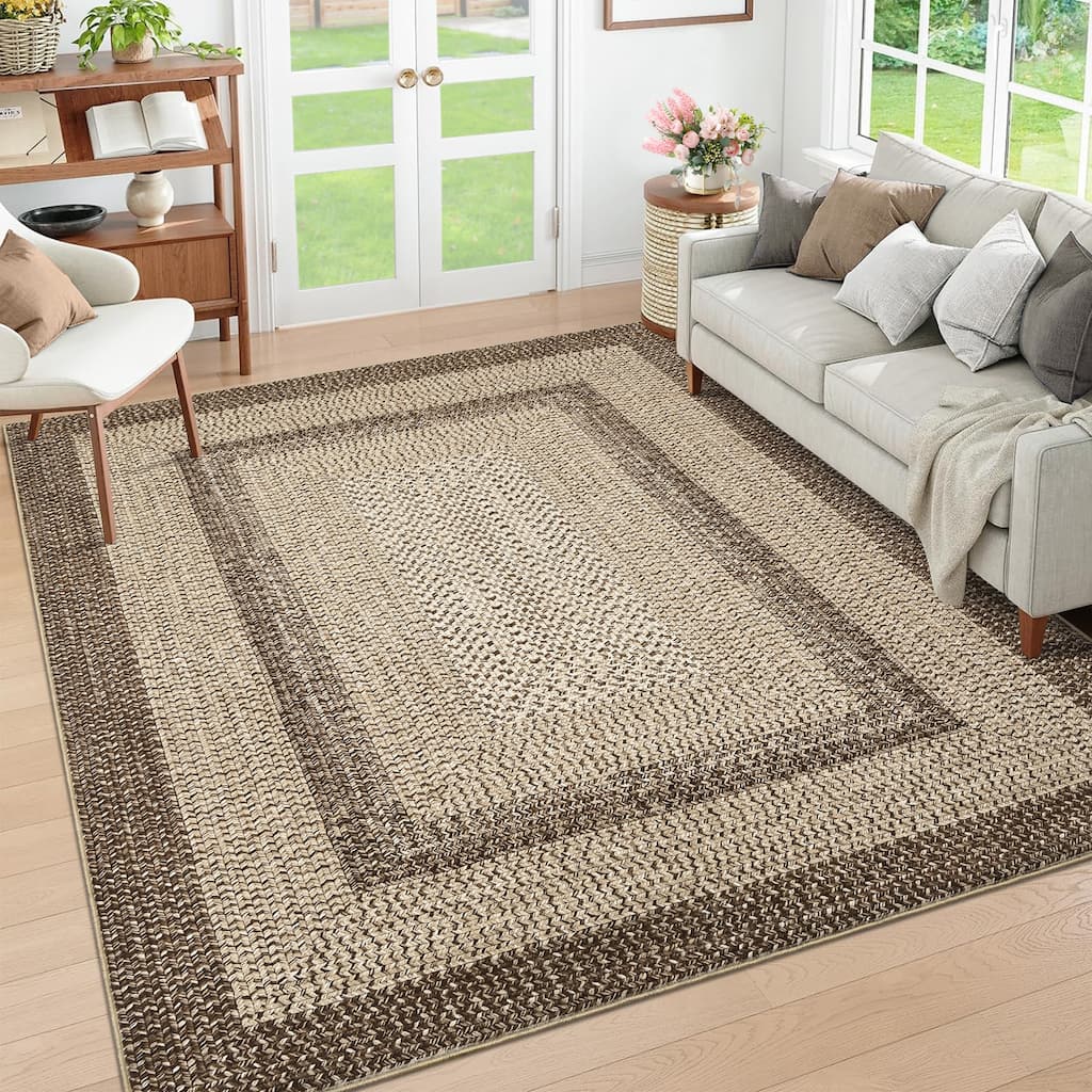 Washable Living Room Rugs Modern Braided Print Area Rug Border Design Accent Rugs for Bedroom Non-Slip Low Pile Area Rug