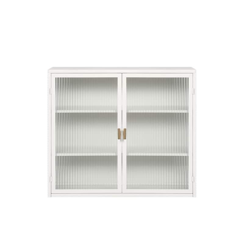 Modern White Sideboard with Fluted Tempered Glass Doors, 3-Tier Storage Cabinet for Living Room or Bedroom