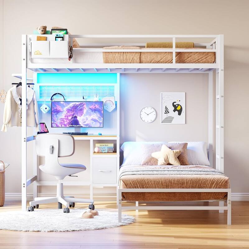 Bunk Bed Twin Over Twin Size with Desk Charging Station L-Shaped Metal - White