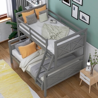 Gray Twin over Full Bunk Bed with X-Shaped Pattern Headboard Footboard&Ladder&Guardrail, 78.7''L*55.9''W*62.3''H, 134LBS