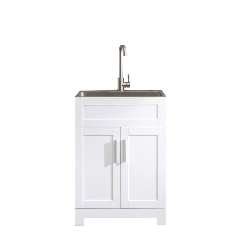 24in White Paint Free Laundry Tub Cabinet with Stainless Steel Combo