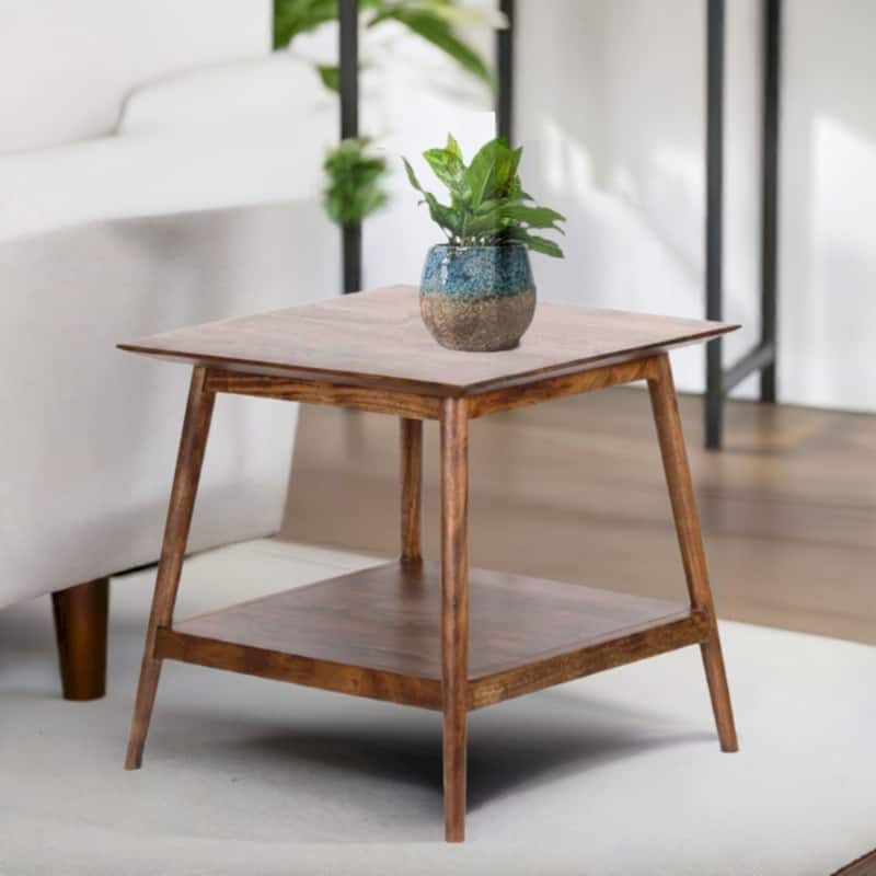 Solid Acacia Wood End Table with Shelf