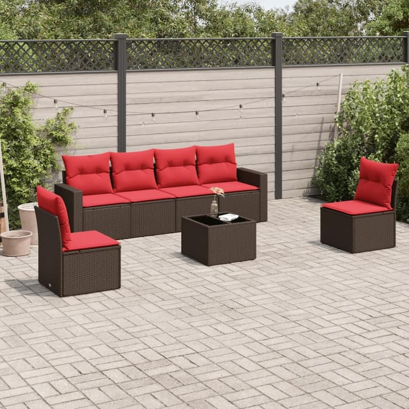 vidaXL Patio Sofa Set with Cushions Outdoor Conversation Furniture Poly Rattan - 25.8" x 24.4" x 27.2" - Brown and red with table