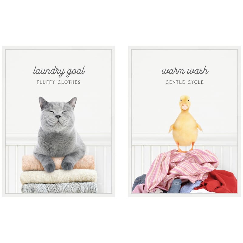 Kate and Laurel Sylvie Cat Laundry Goals and Ducky Gentle Cycle Framed Canvas Art Set by Amy Peterson
