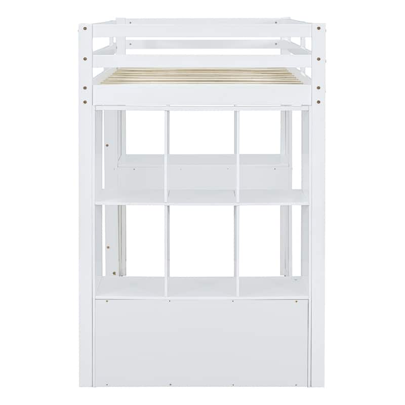 Full Size Loft Bed with Large Shelves,Writing Desk and LED Light