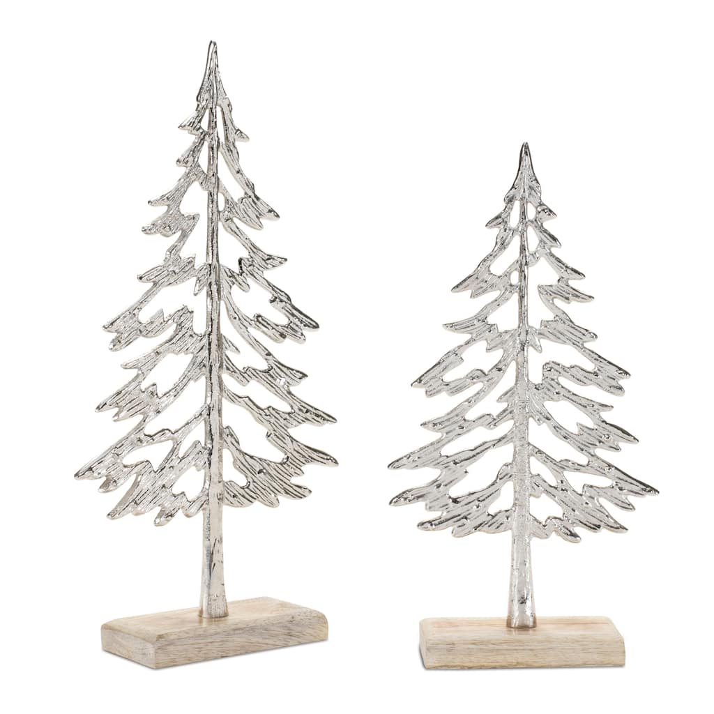 Set of 2 Modern Metal Trees with Wood Base for Christmas Decor
