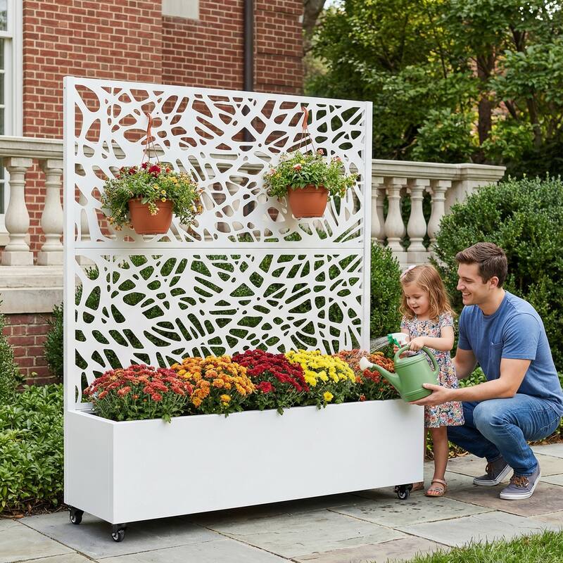 Metal Galvanized Planter Box with Trellis Privacy Screen Lockable Wheels