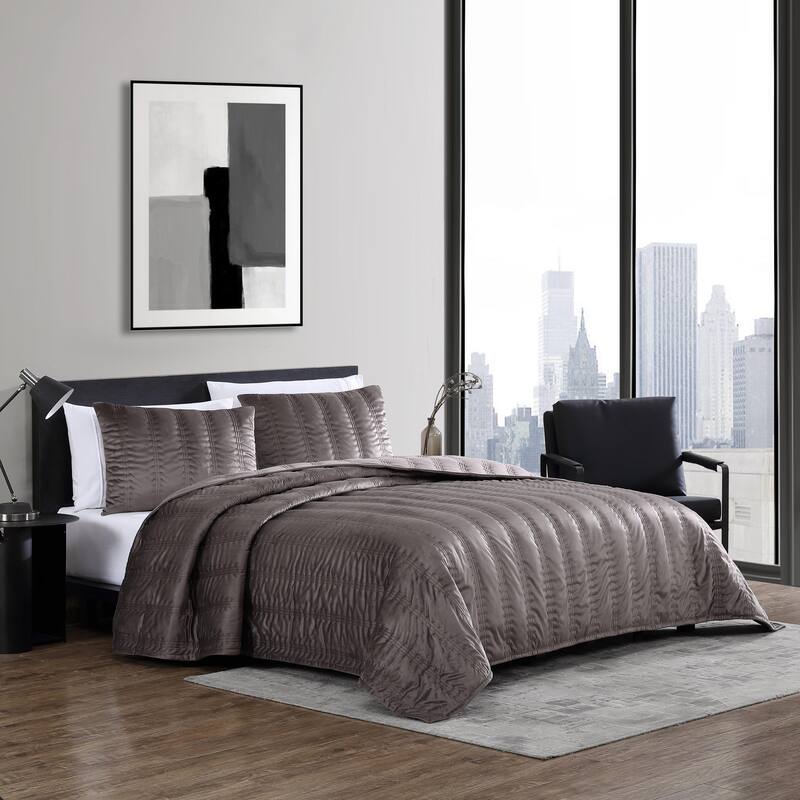 Vera Wang Velvet Linear Stitch Solid Quilt Set - Plum Brown - Queen
