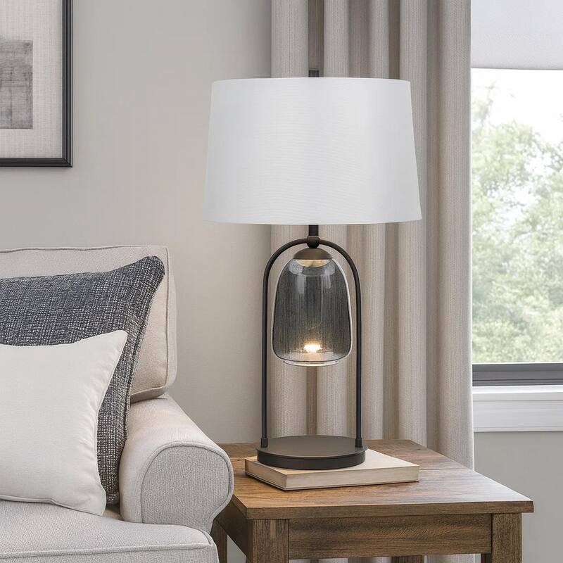 31 Inch Table Lamp, Crackled Black Glass w Night Light, White Shade