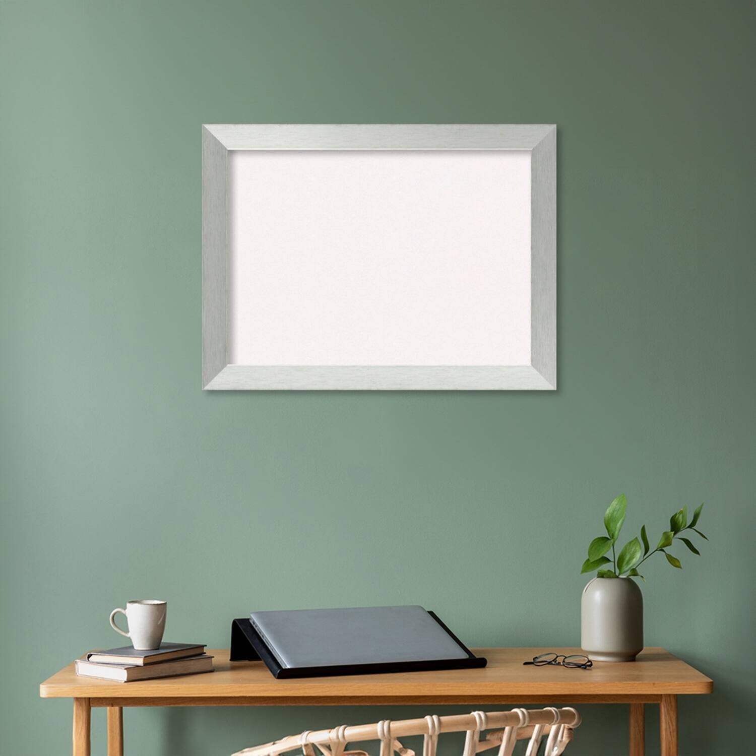 Brushed Sterling Silver Wood Framed White Corkboard Bulletin Board On