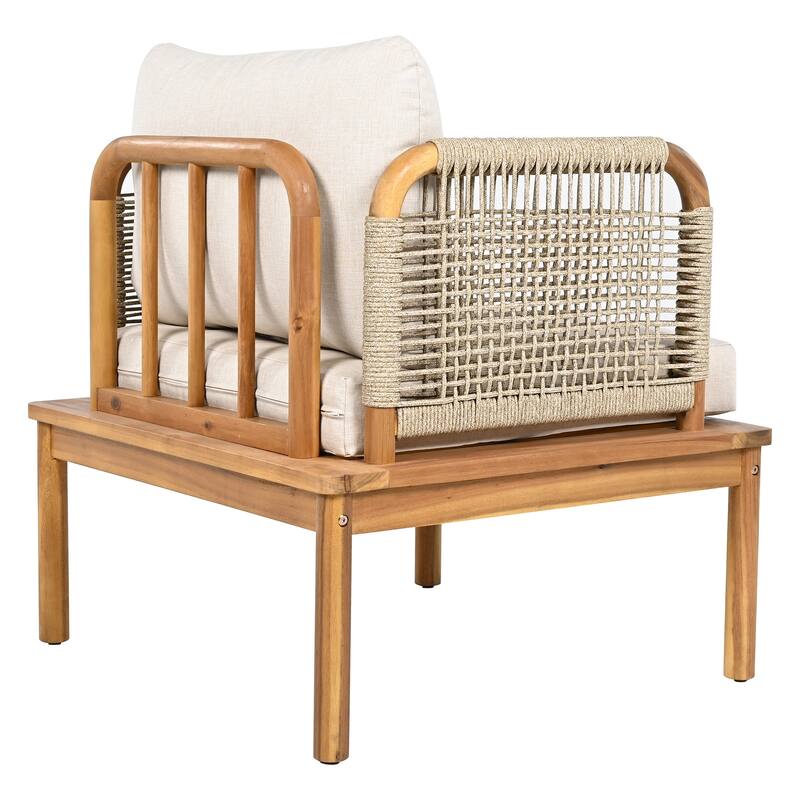 5 Pcs Outdoor Rope Weave Sofa Set, All-Weather Conversation Furniture Set with Acacia Wood Table, 2 Armchairs and Ottoman