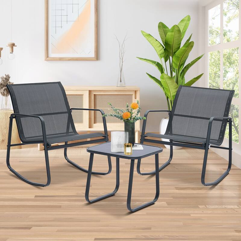 Ainfox 3 Pieces Outdoor Patio Conversation Set, Textilene Patio Rocking Chair Bistro Set with Coffee Table